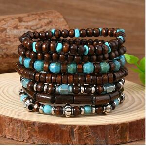 Bracelets Bohemian Retro Funk  Wood Beads & Faux Turquoise 7-pc Set Unisex